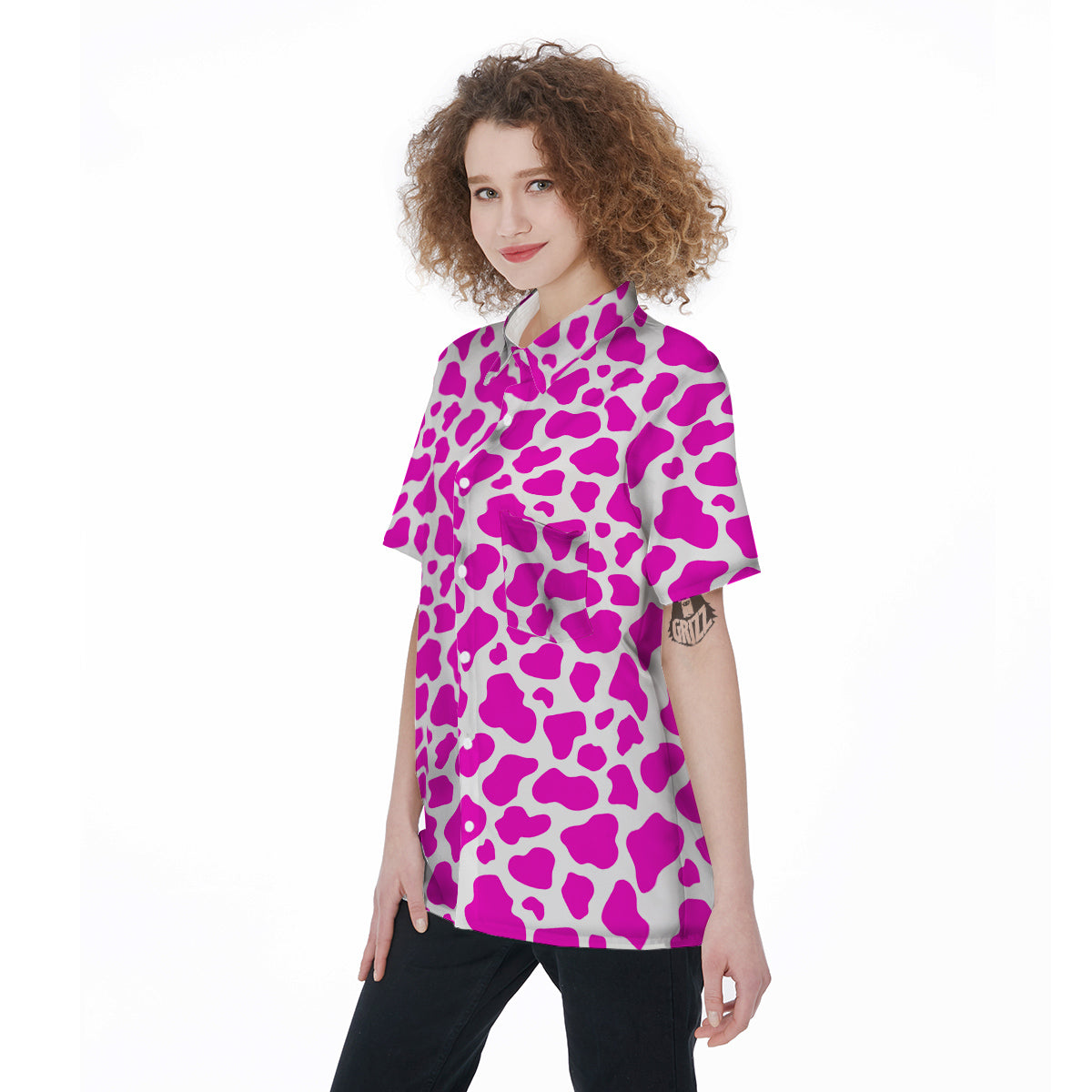 Pink Cow Print Pattern Women's Short Sleeve Shirts-grizzshop