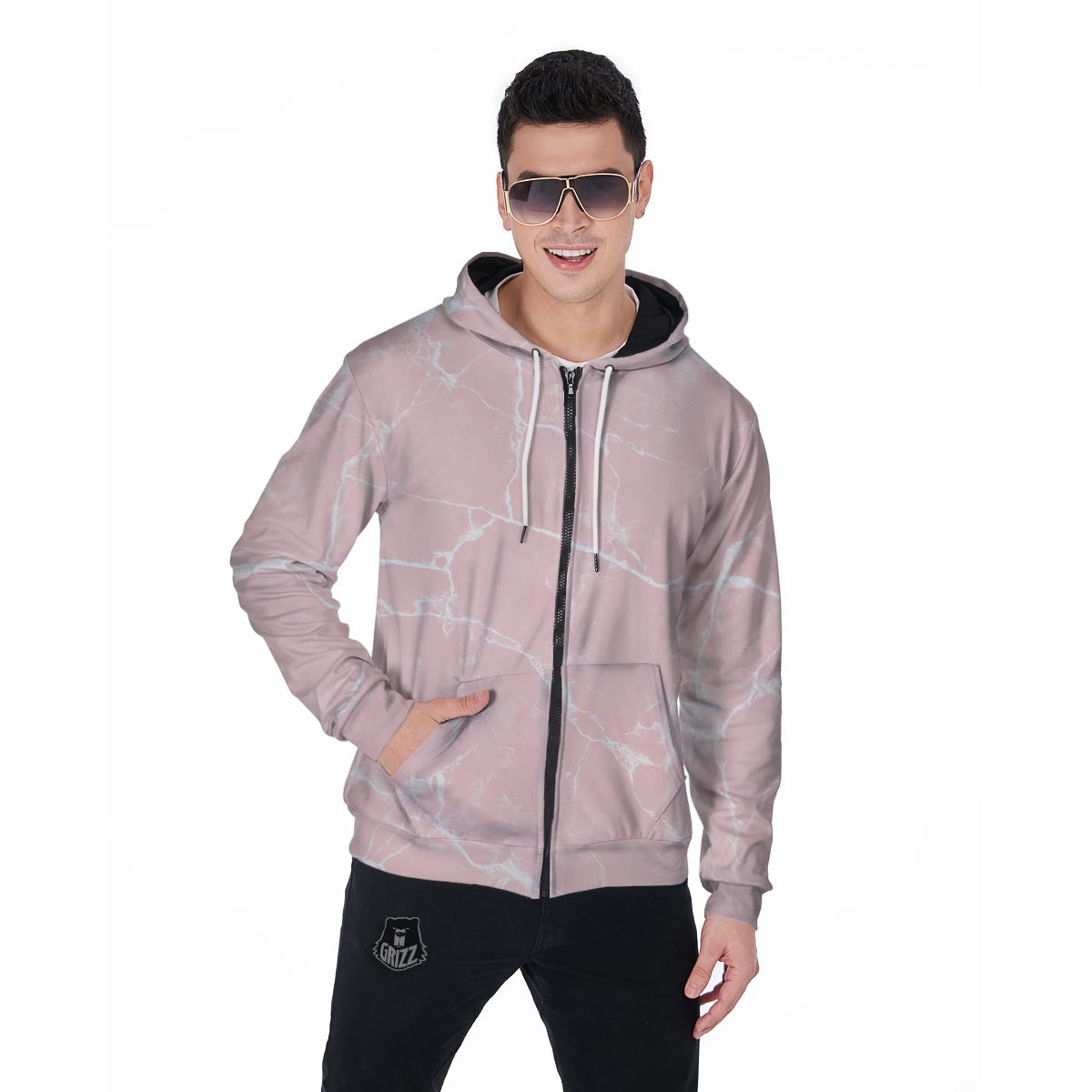 Pink Cracked Marble Men's Zip Up Hoodie-grizzshop