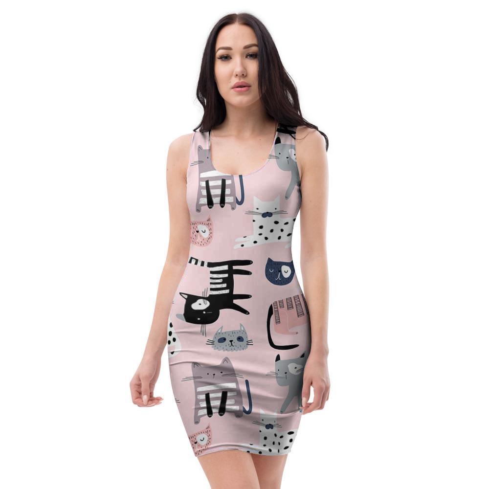 Pink Cute Cat Print Bodycon Dress-grizzshop