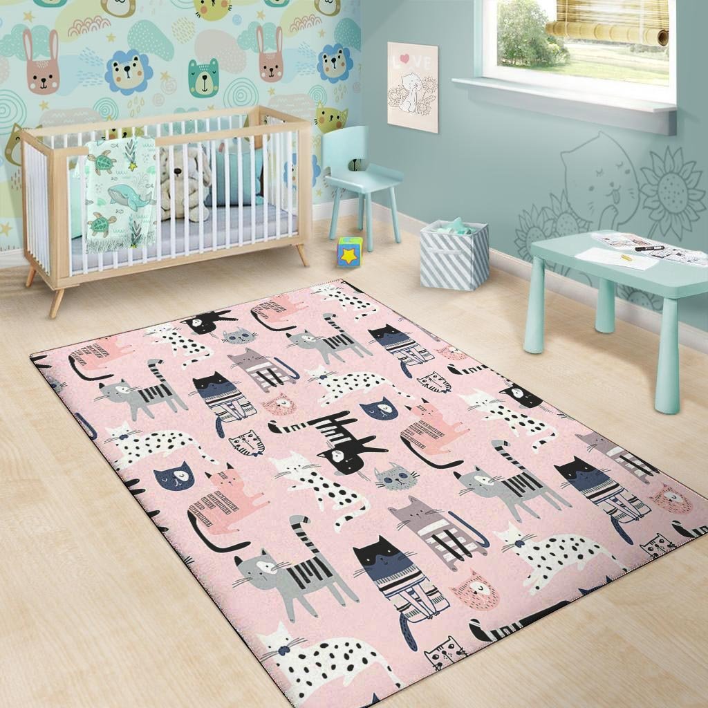 Pink Cute Cat Print Floor Mat-grizzshop