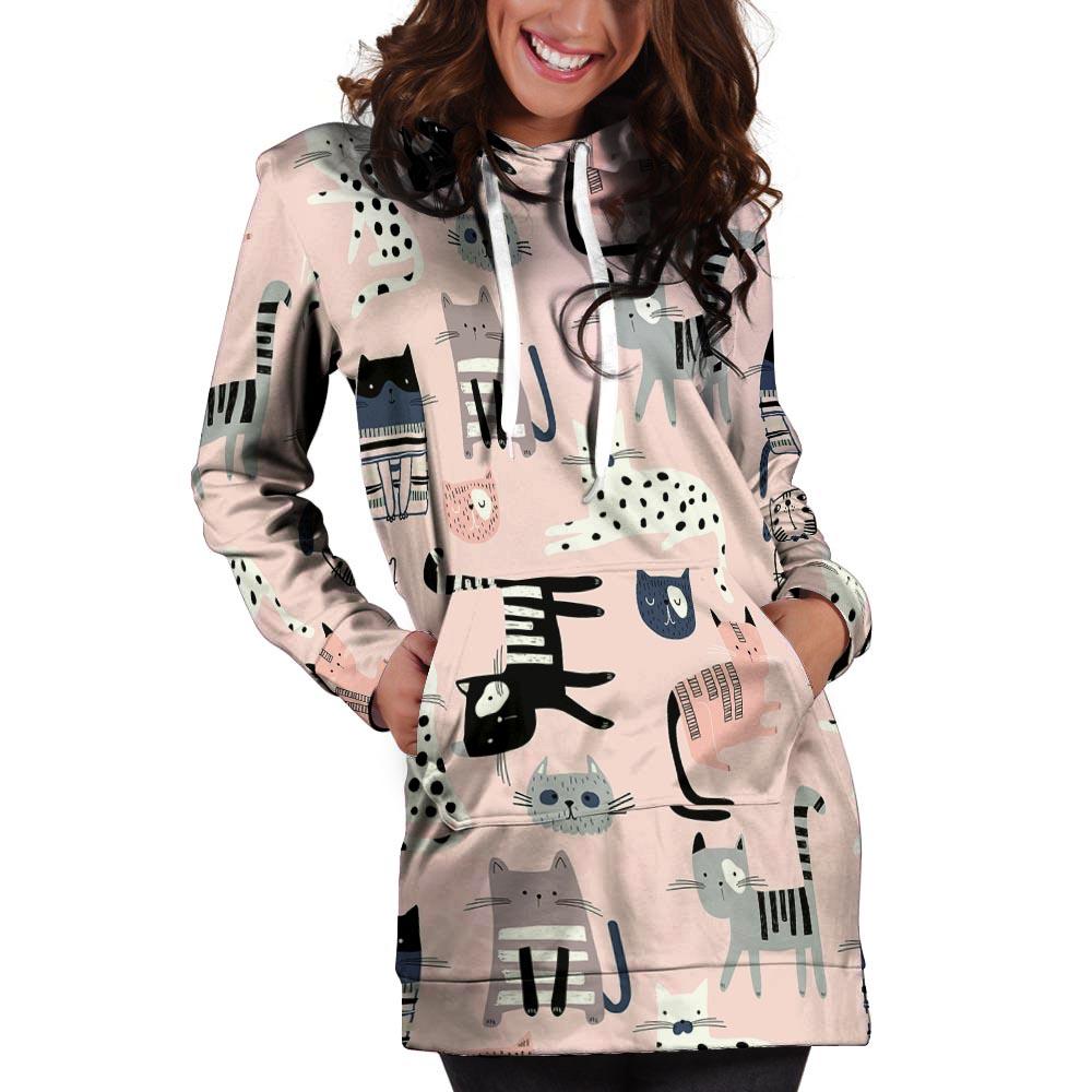 Pink Cute Cat Print Hoodie Dress-grizzshop