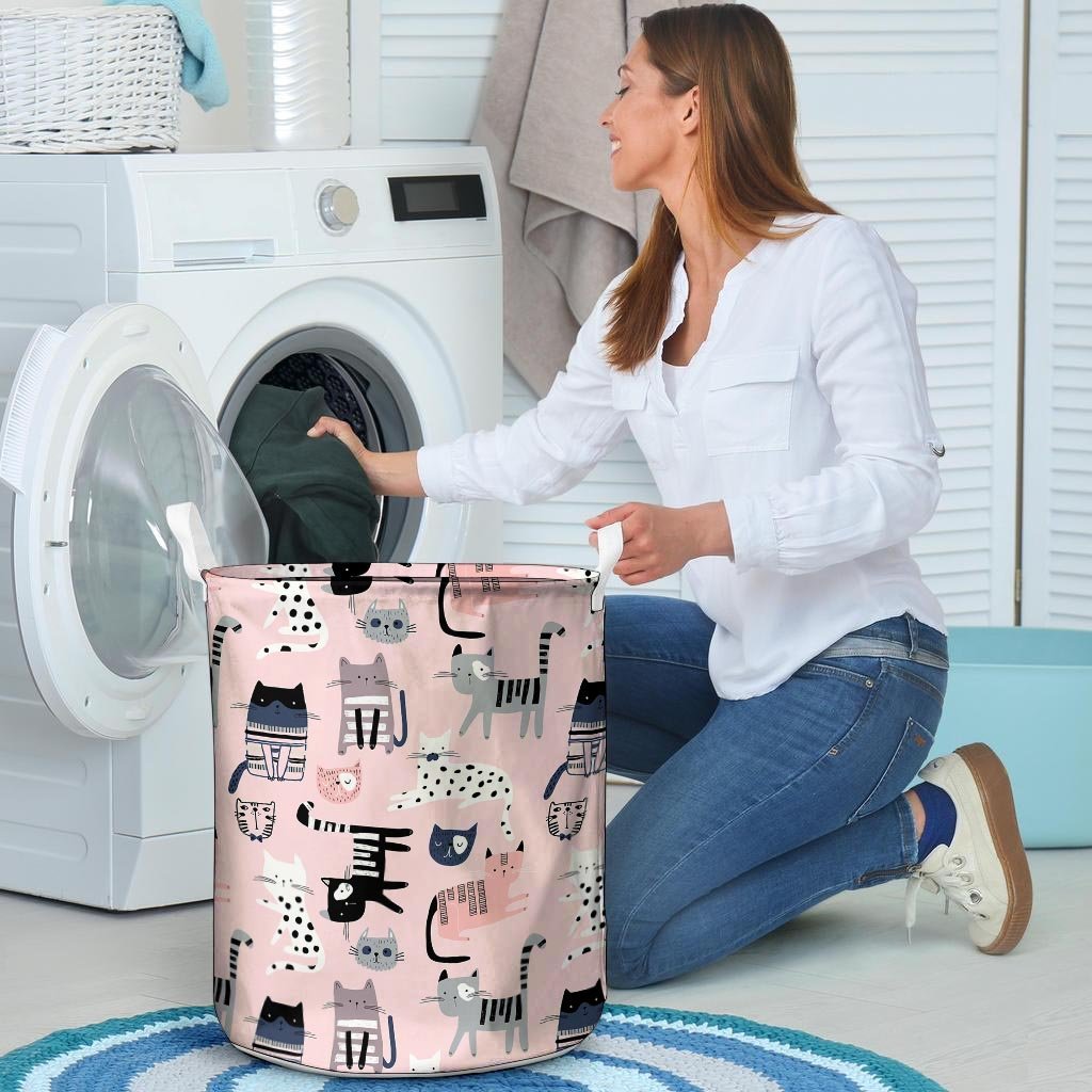 Pink Cute Cat Print Laundry Basket-grizzshop