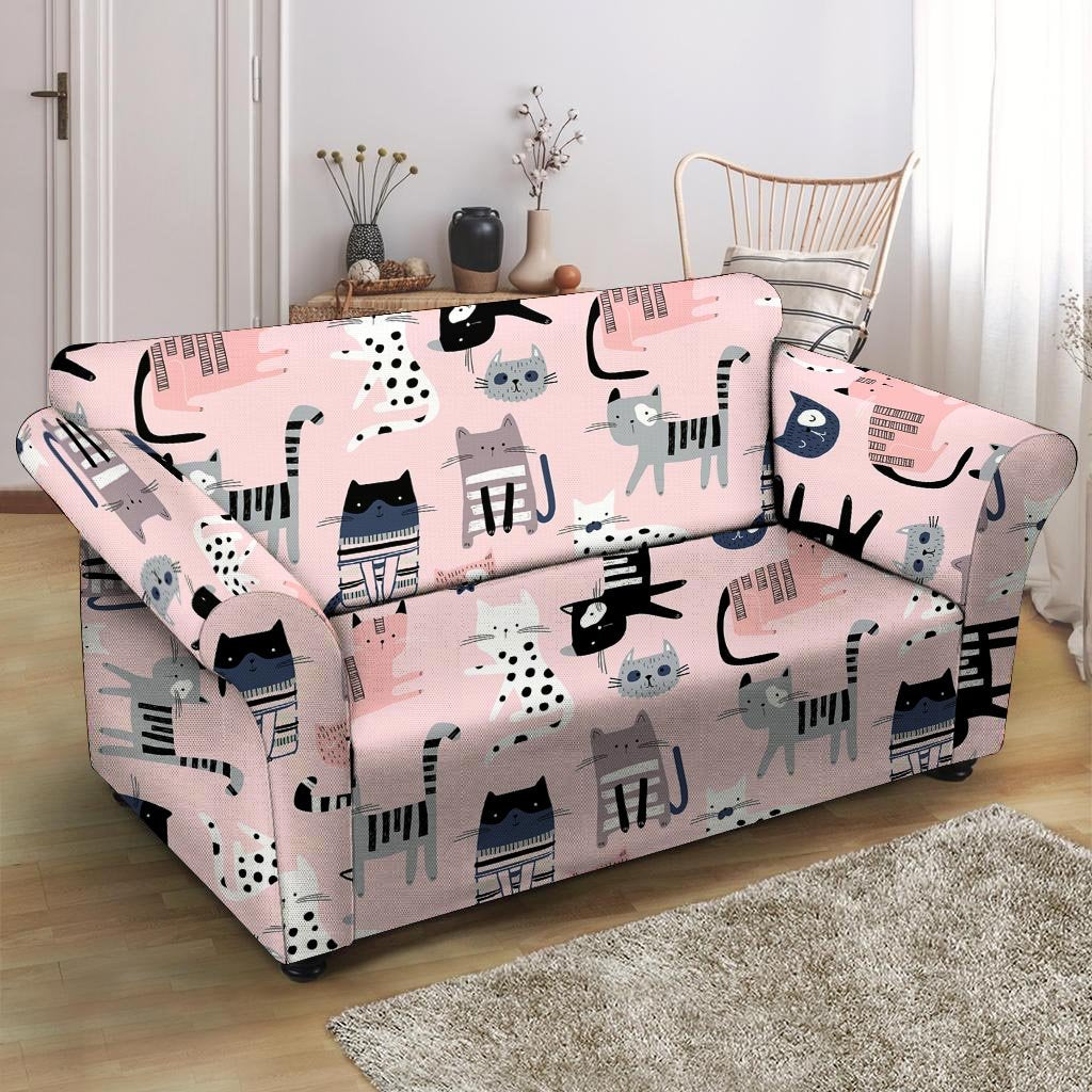 Pink Cute Cat Print Loveseat Cover-grizzshop