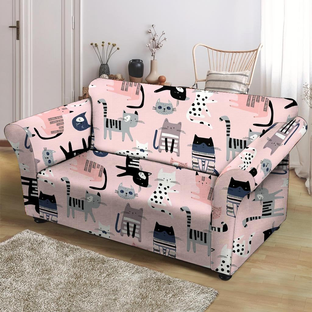 Pink Cute Cat Print Loveseat Cover-grizzshop