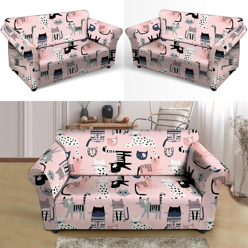 Pink Cute Cat Print Loveseat Cover-grizzshop