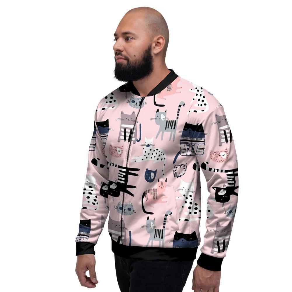 Pink Cute Cat Print Men's Bomber Jacket-grizzshop