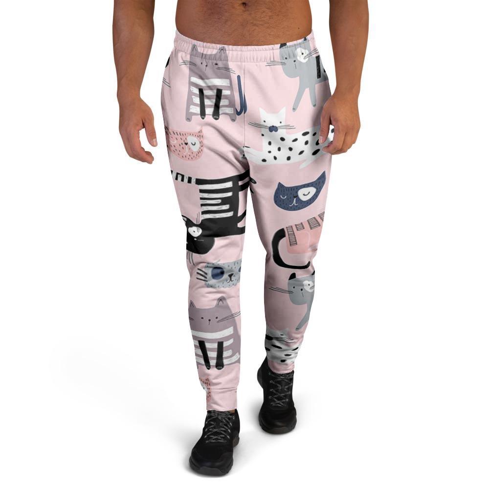 Pink Cute Cat Print Men's Joggers-grizzshop