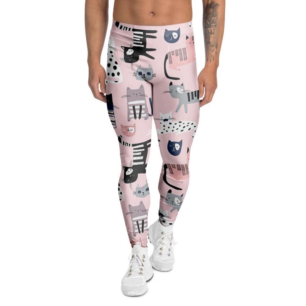 Pink Cute Cat Print Men's Leggings-grizzshop