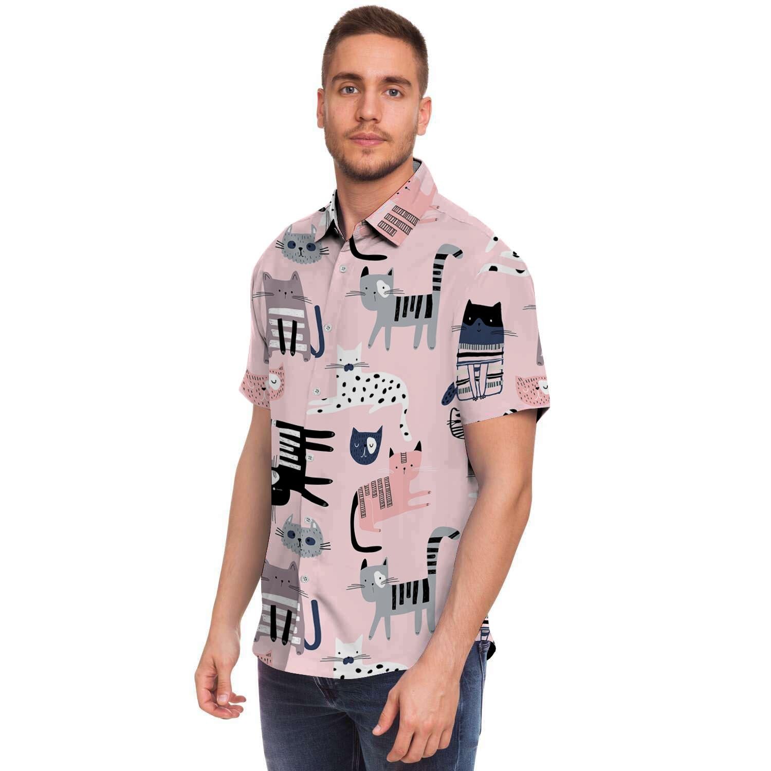 Pink Cute Cat Print Men's Short Sleeve Shirt-grizzshop