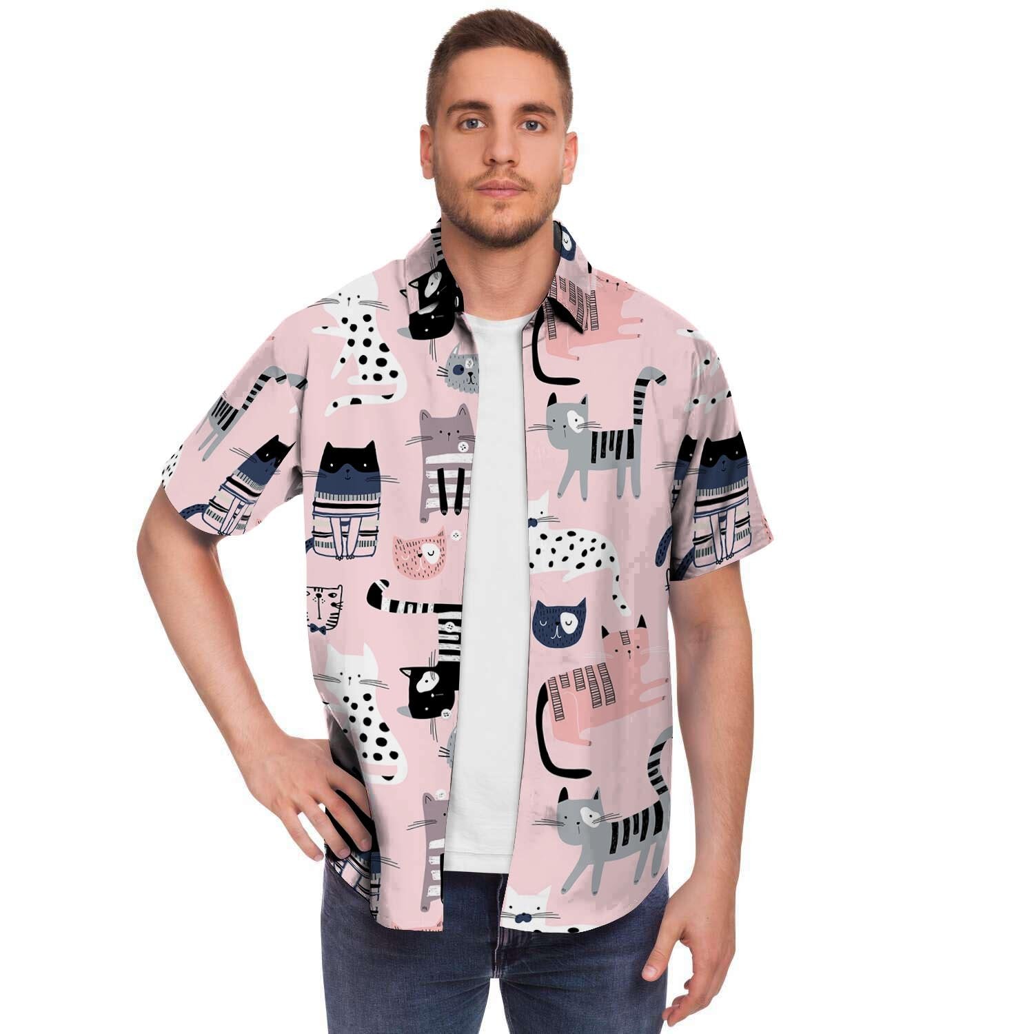 Pink Cute Cat Print Men's Short Sleeve Shirt-grizzshop