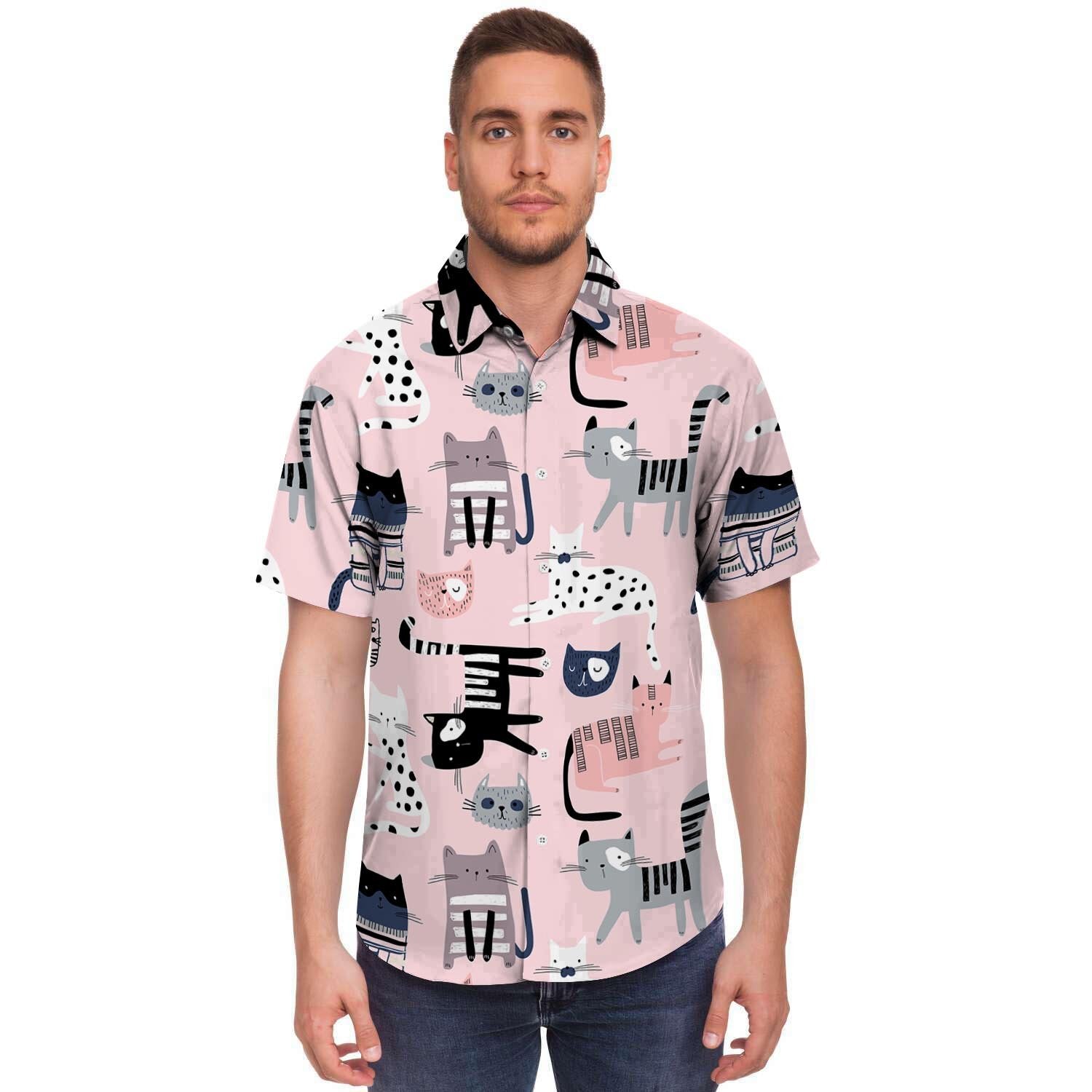 Pink Cute Cat Print Men's Short Sleeve Shirt-grizzshop