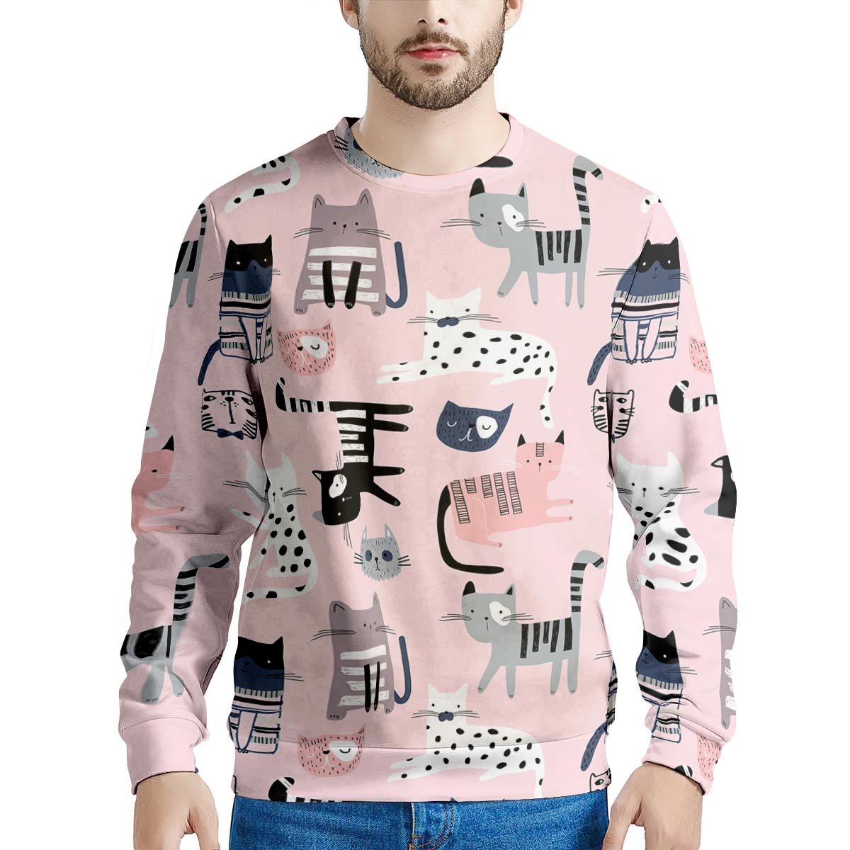 Pink Cute Cat Print Men's Sweatshirt-grizzshop