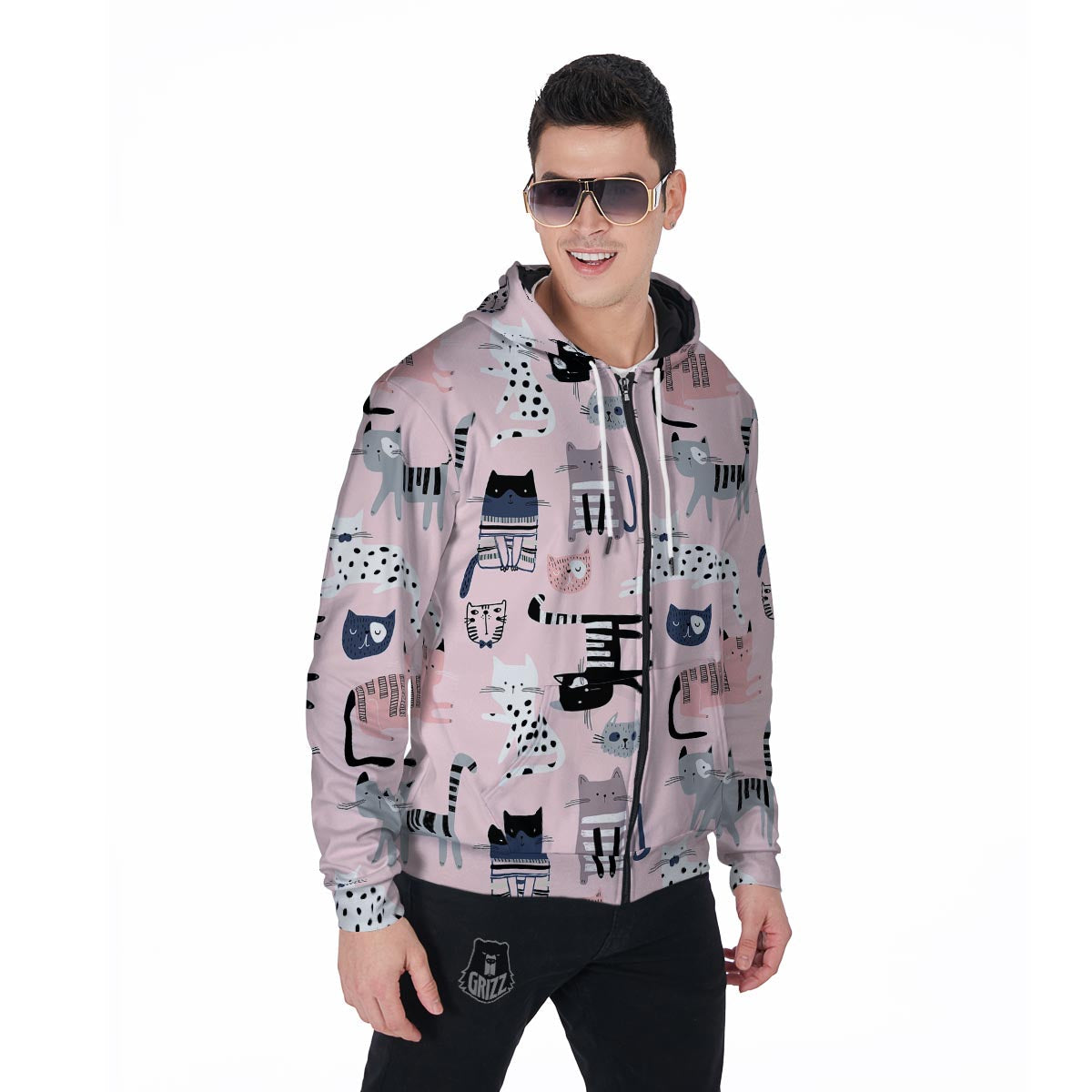 Pink Cute Cat Print Men's Zip Up Hoodie-grizzshop