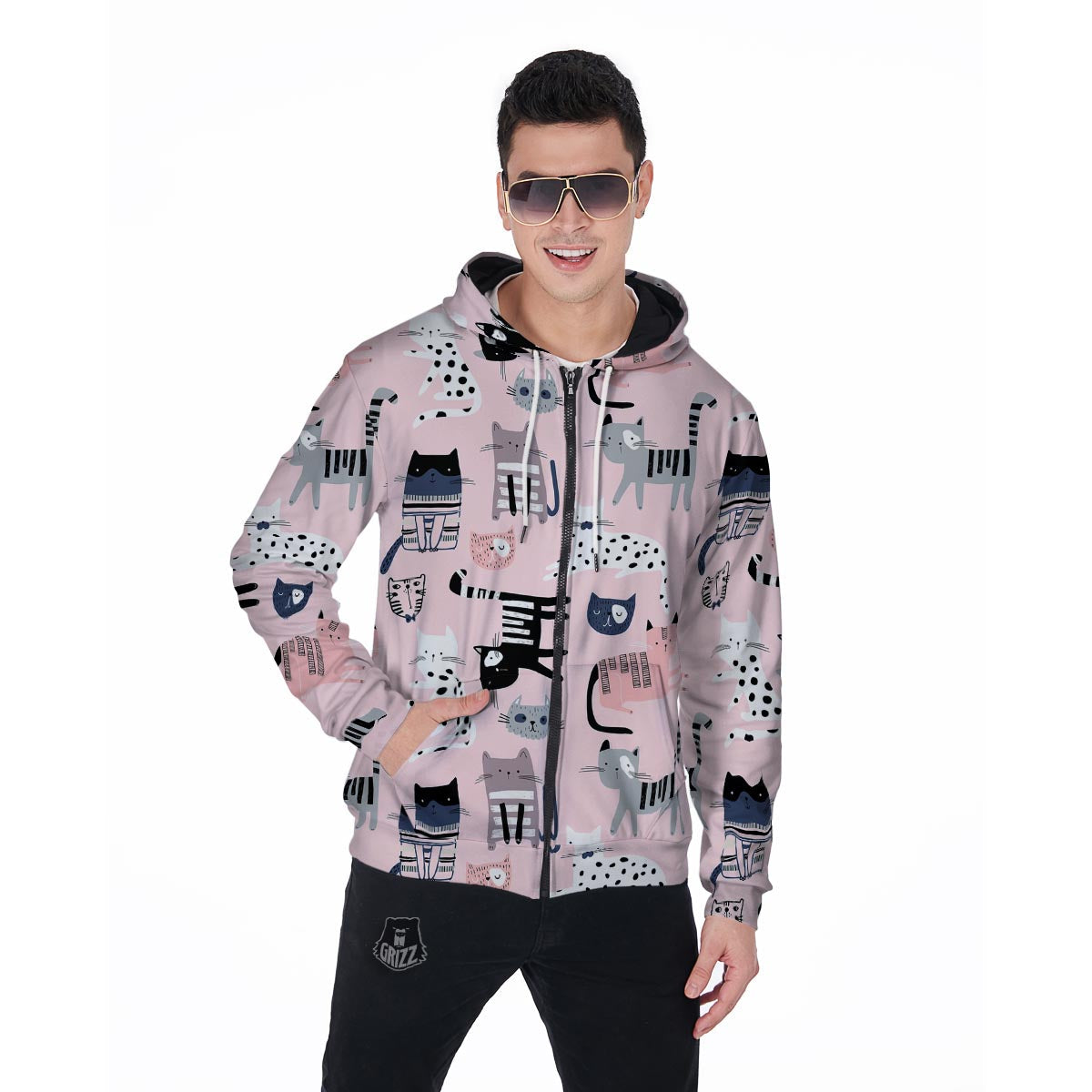 Pink Cute Cat Print Men's Zip Up Hoodie-grizzshop