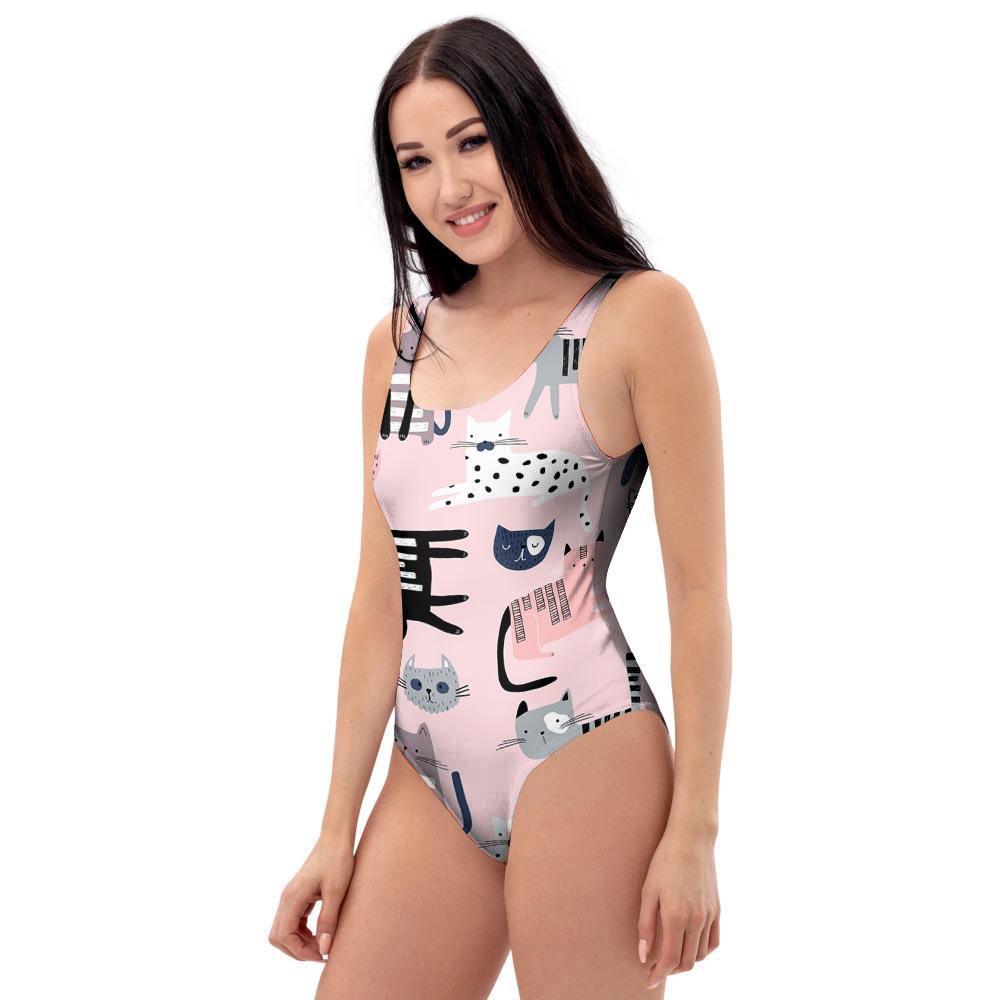 Pink Cute Cat Print One Piece Swimsuite-grizzshop