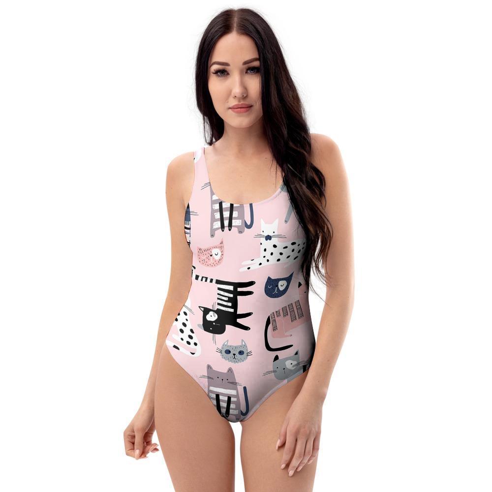 Pink Cute Cat Print One Piece Swimsuite-grizzshop