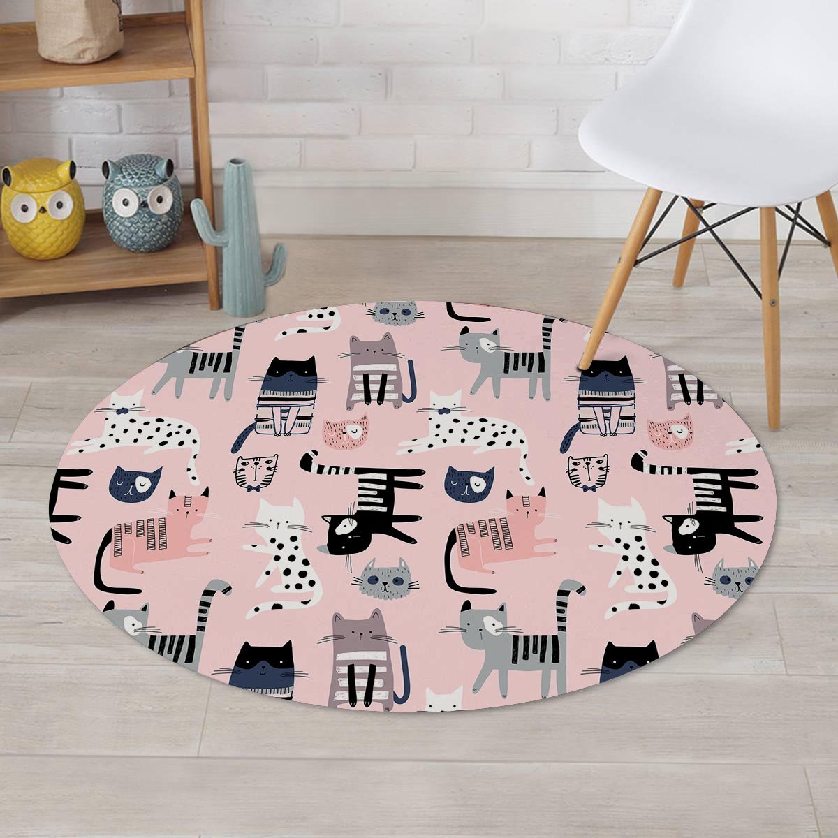 Pink Cute Cat Print Round Rug-grizzshop