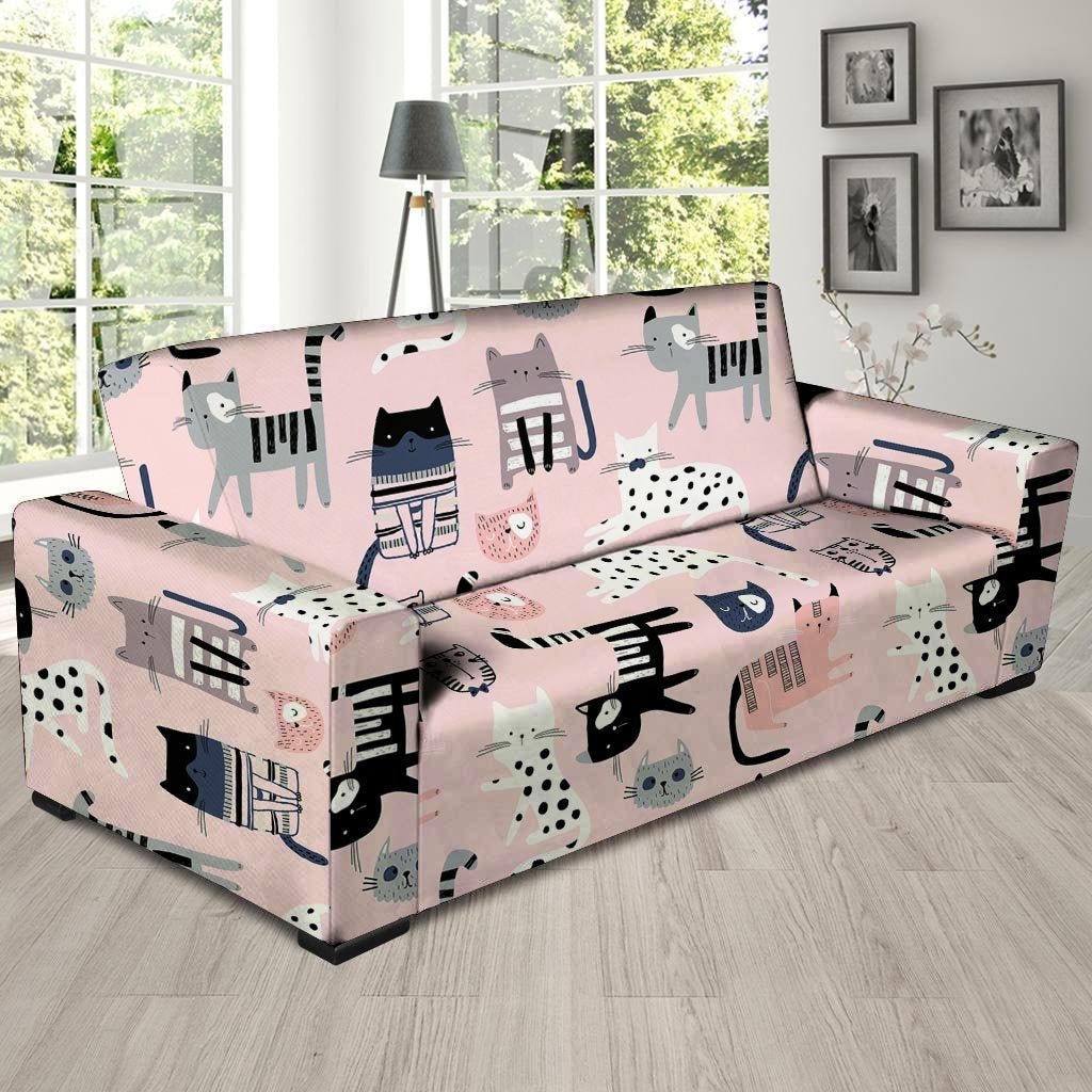 Pink Cute Cat Print Sofa Cover-grizzshop