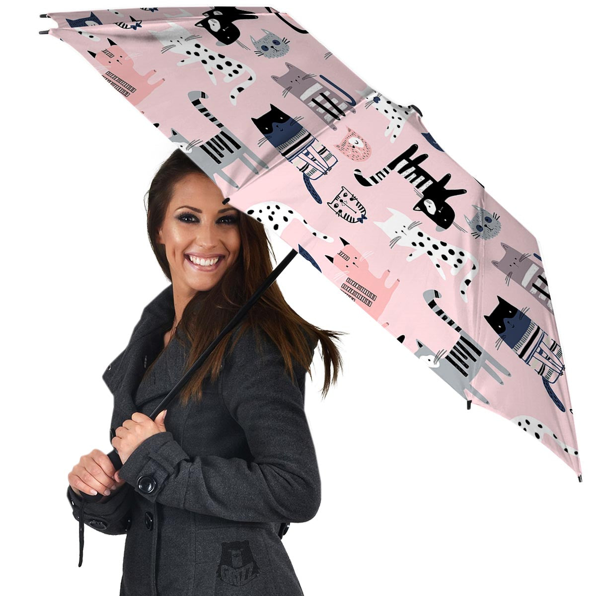 Pink Cute Cat Print Umbrella-grizzshop