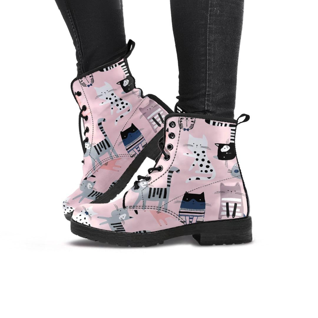 Pink Cute Cat Print Women's Boots-grizzshop