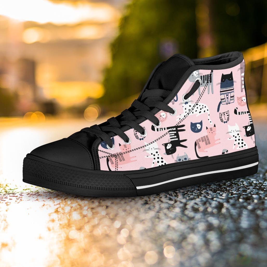 Pink Cute Cat Print Women's High Top Shoes-grizzshop