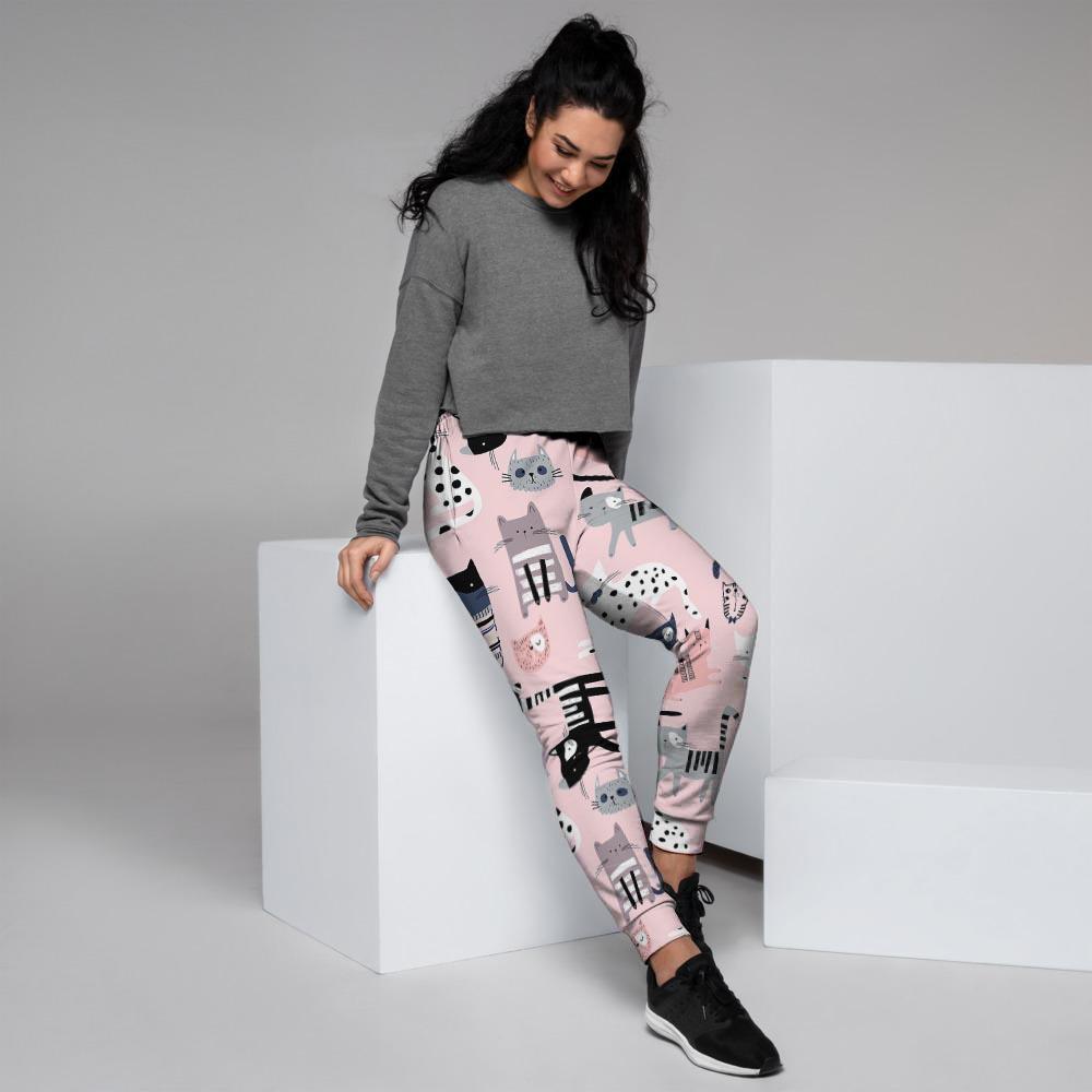 Pink Cute Cat Print Women's Joggers-grizzshop