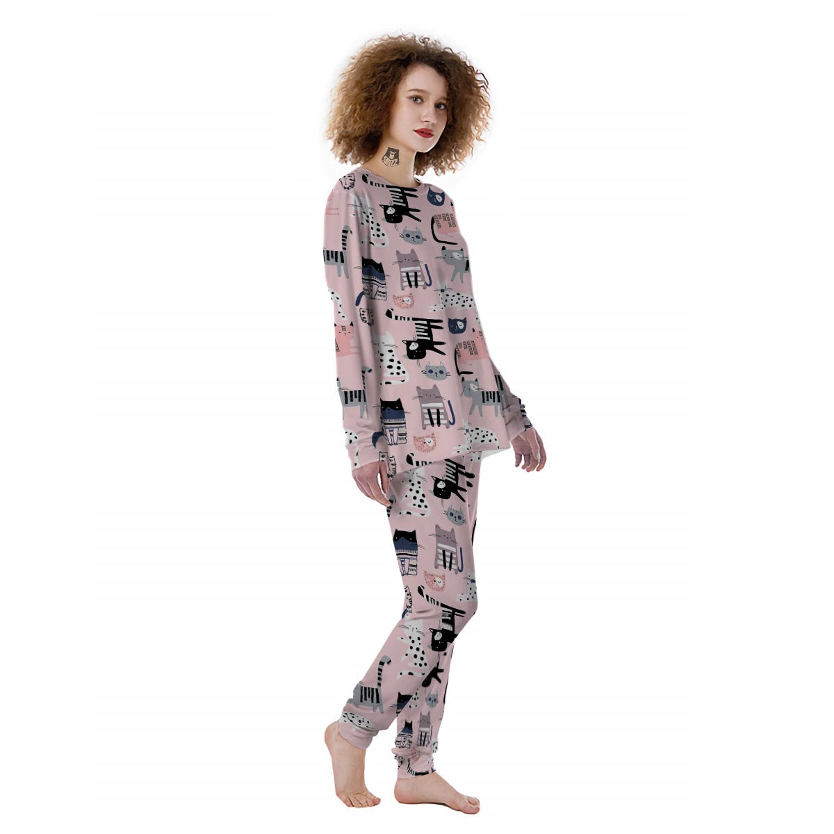 Pink Cute Cat Print Women's Pajamas-grizzshop