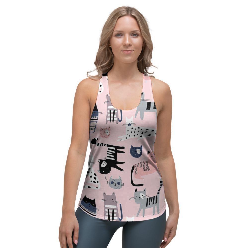 Pink Cute Cat Print Women's Racerback Tank Top-grizzshop