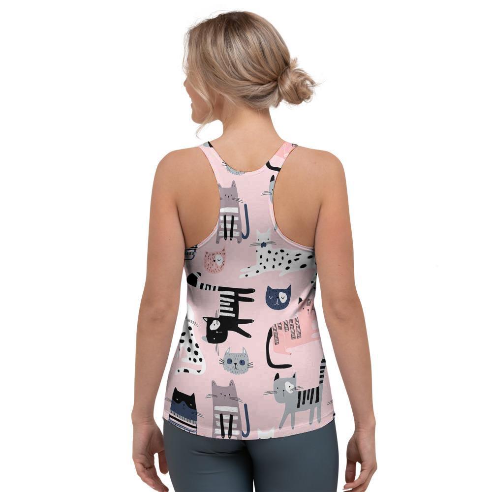 Pink Cute Cat Print Women's Racerback Tank Top-grizzshop