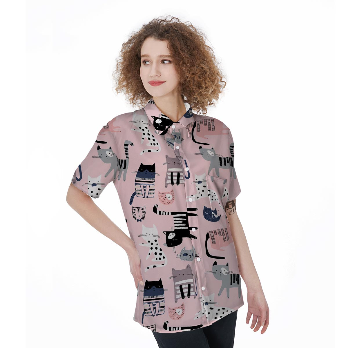 Pink Cute Cat Print Women's Short Sleeve Shirts-grizzshop