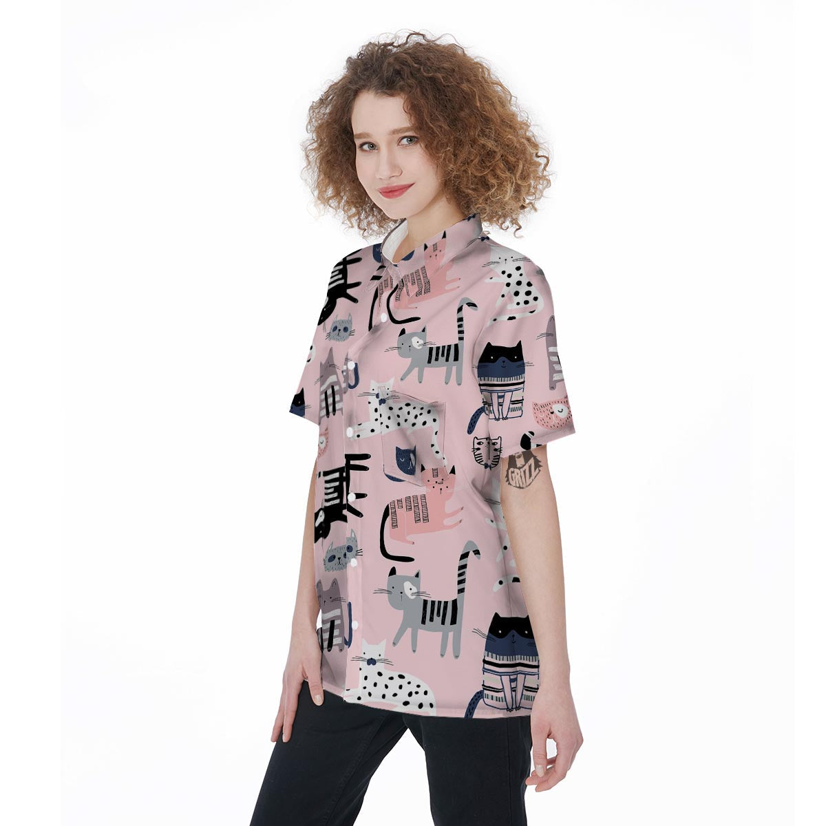 Pink Cute Cat Print Women's Short Sleeve Shirts-grizzshop