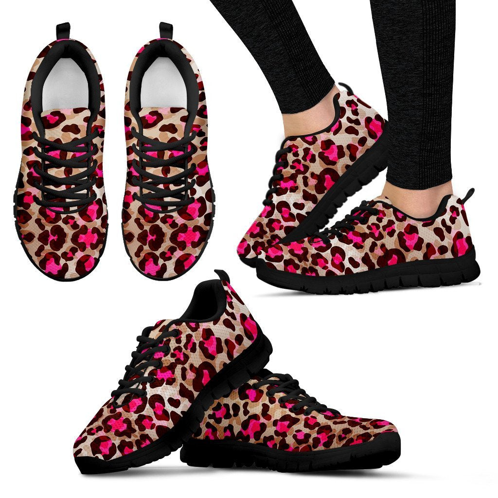 Pink Dot Cheetah Leopard Pattern Print Black Sneaker Shoes For Men Women-grizzshop
