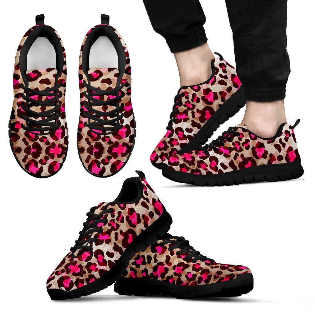 Pink Dot Cheetah Leopard Pattern Print Black Sneaker Shoes For Men Women-grizzshop