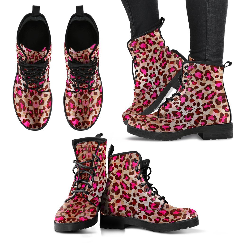 Pink Dot Cheetah Leopard Pattern Print Men Women Leather Boots-grizzshop