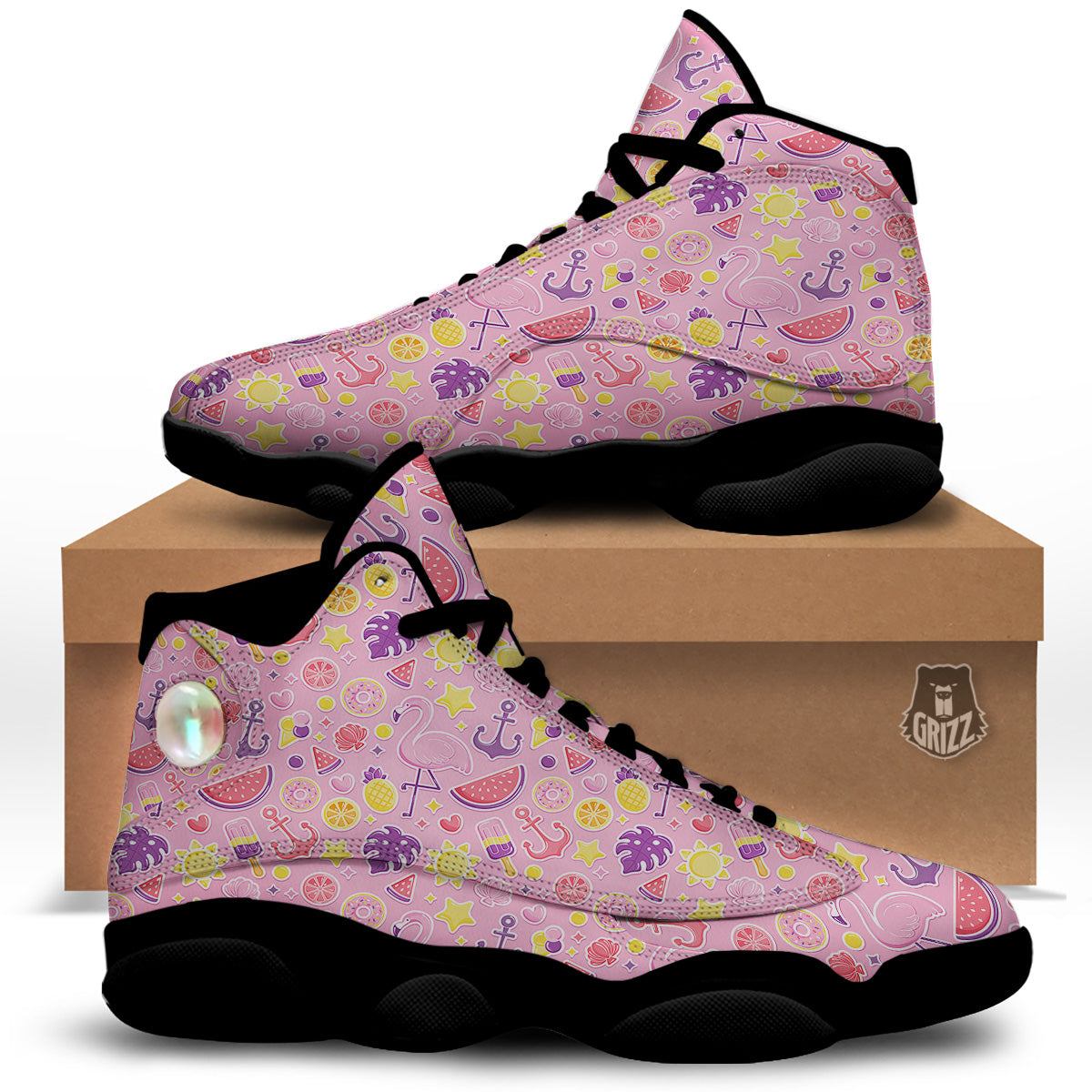 Pink Flamingo Summer Beach Print Pattern Black Basketball Shoes-grizzshop