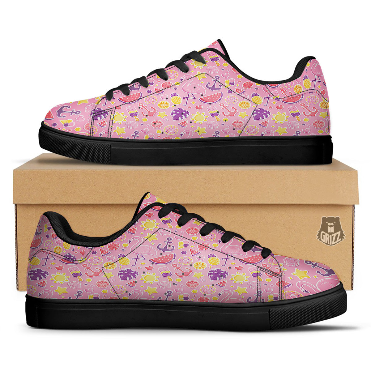 Pink Flamingo Summer Beach Print Pattern Black Low Top Sneakers-grizzshop