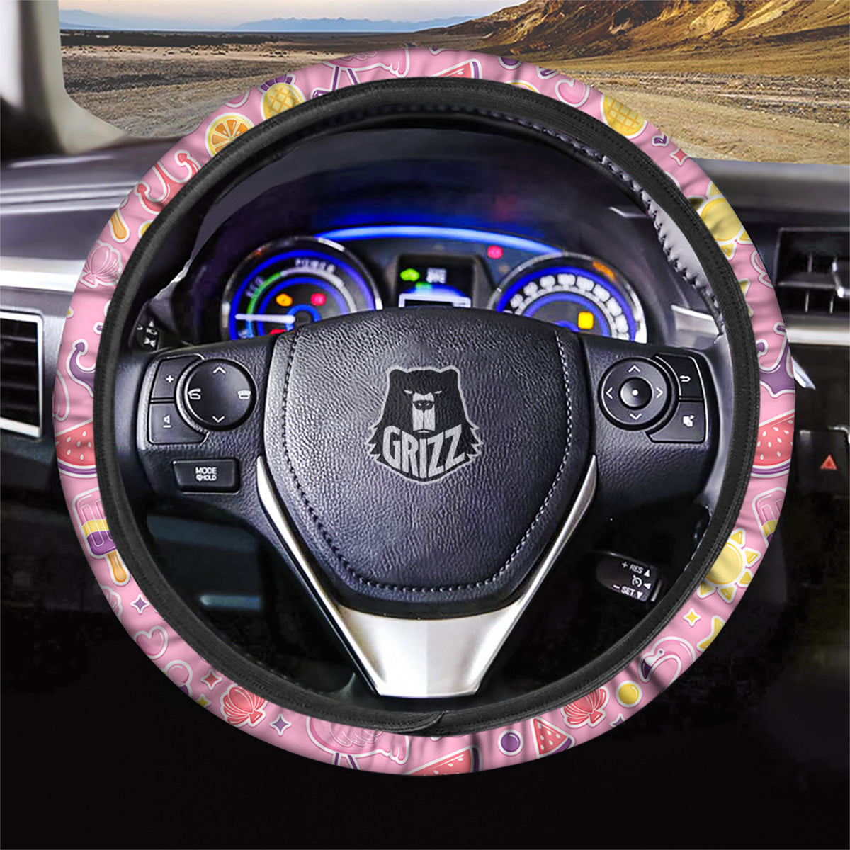 Pink Flamingo Summer Beach Print Pattern Car Steering Wheel Cover-grizzshop