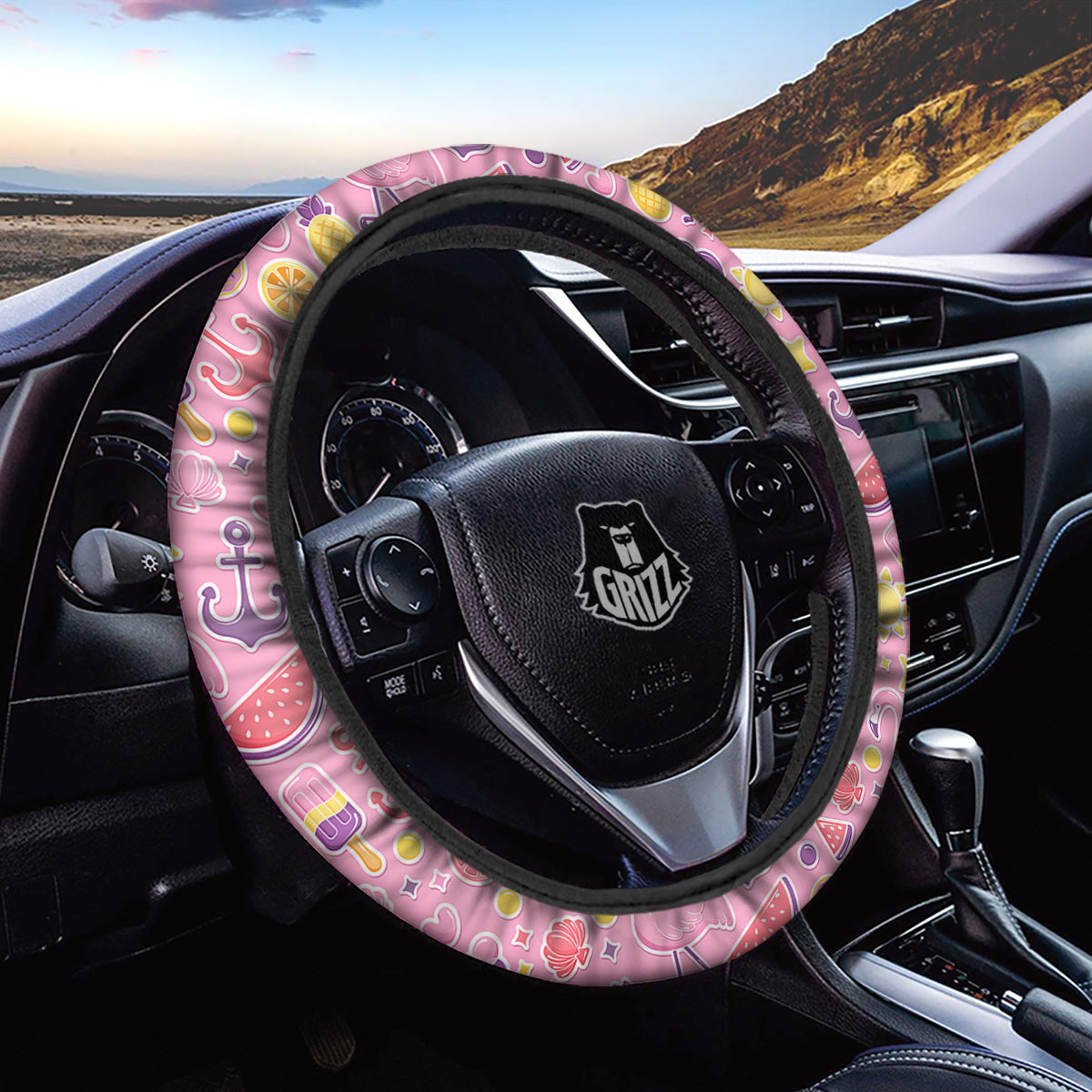 Pink Flamingo Summer Beach Print Pattern Car Steering Wheel Cover-grizzshop
