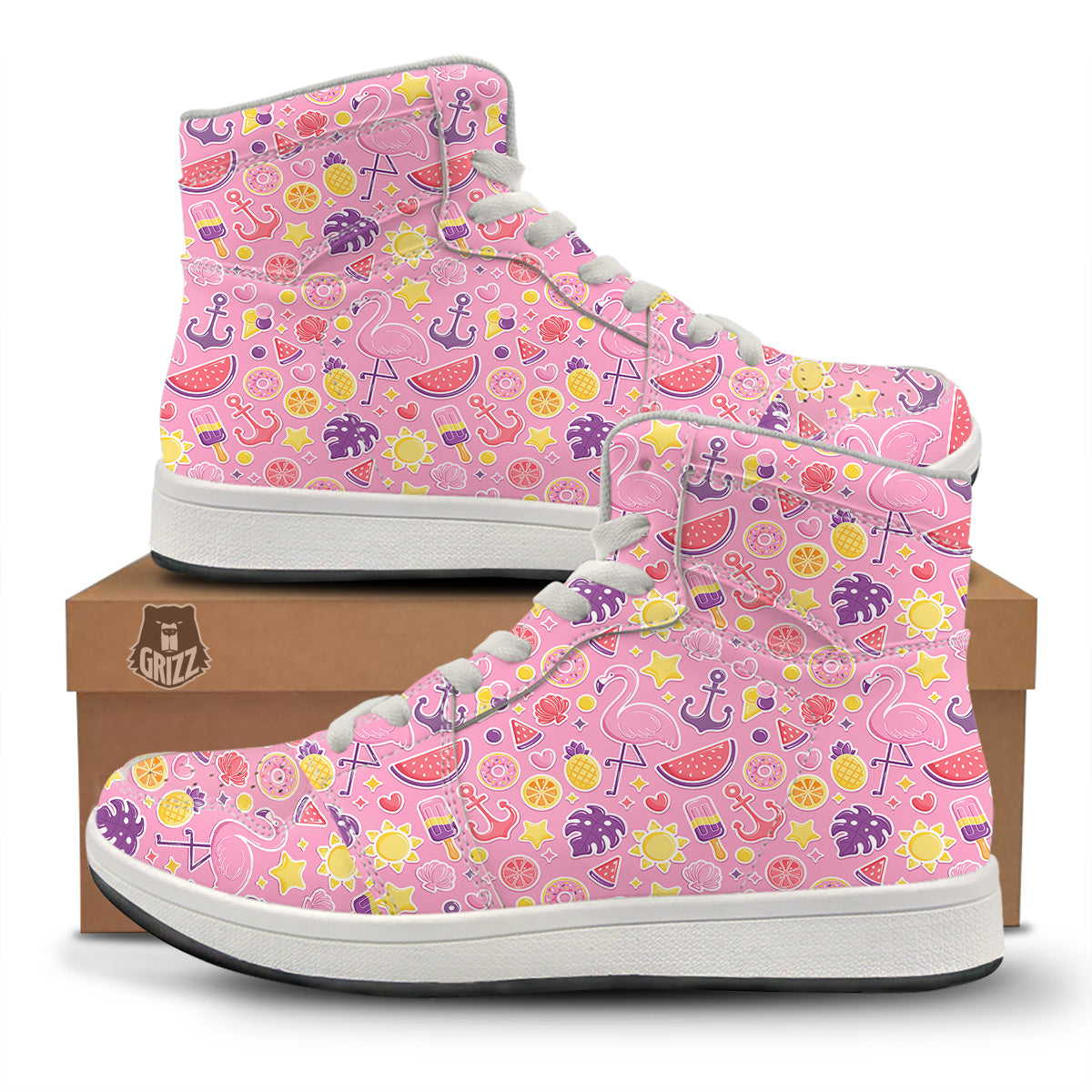 Pink Flamingo Summer Beach Print Pattern High Top Sneakers-grizzshop