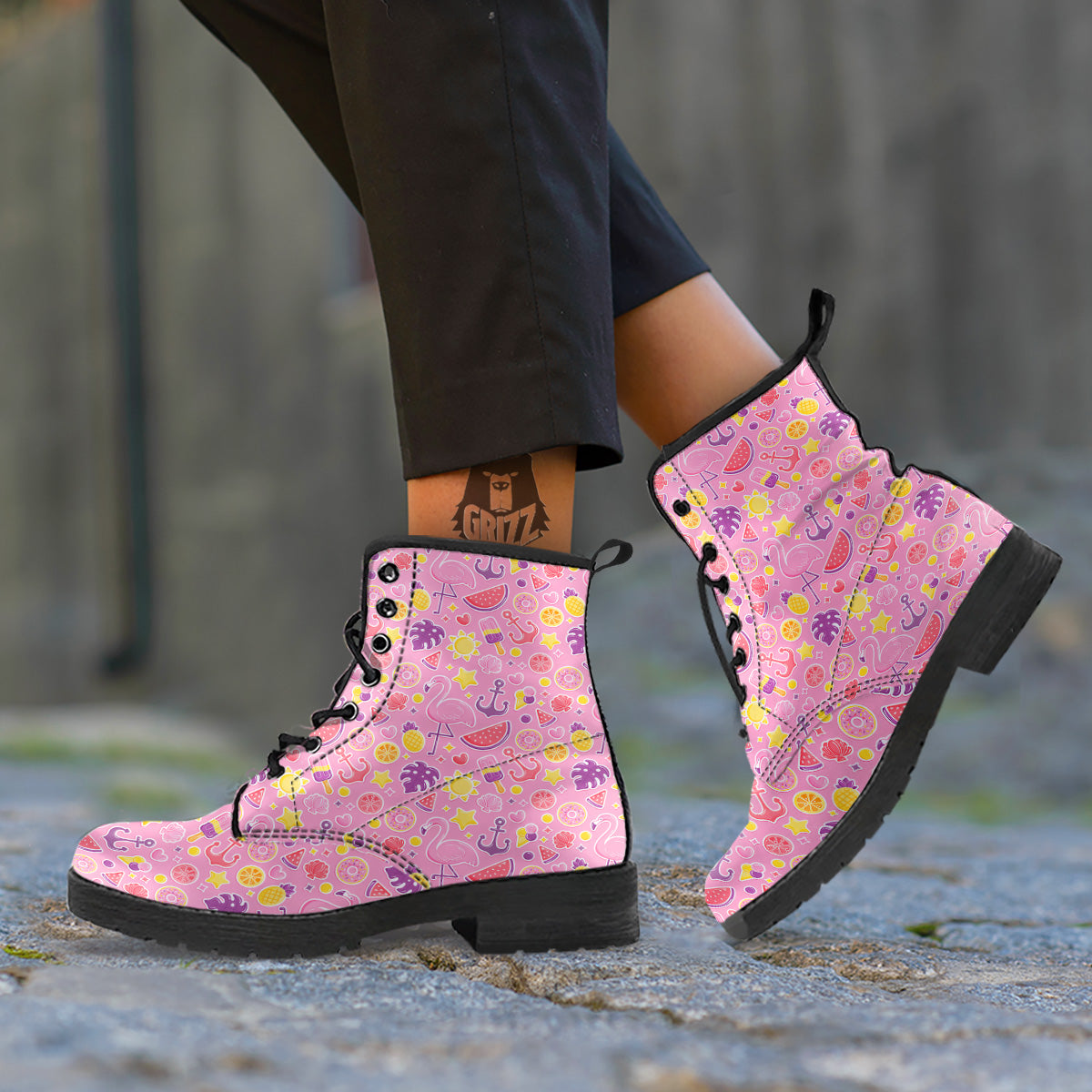 Pink Flamingo Summer Beach Print Pattern Leather Boots-grizzshop