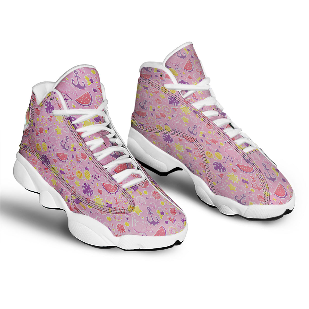 Pink Flamingo Summer Beach Print Pattern White Basketball Shoes-grizzshop