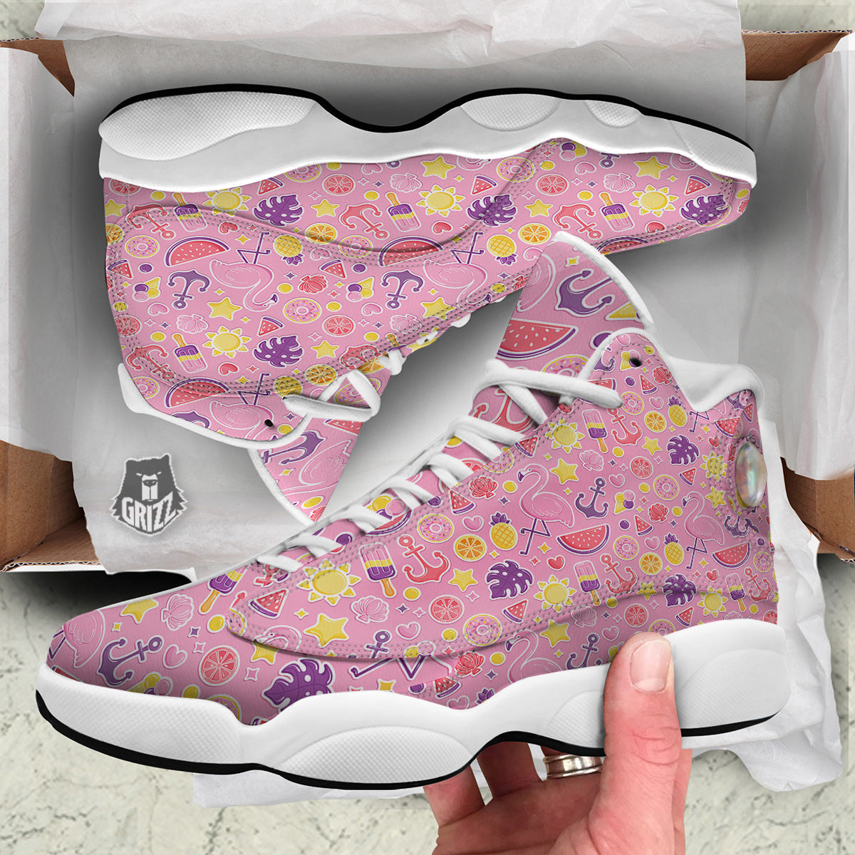 Pink Flamingo Summer Beach Print Pattern White Basketball Shoes-grizzshop
