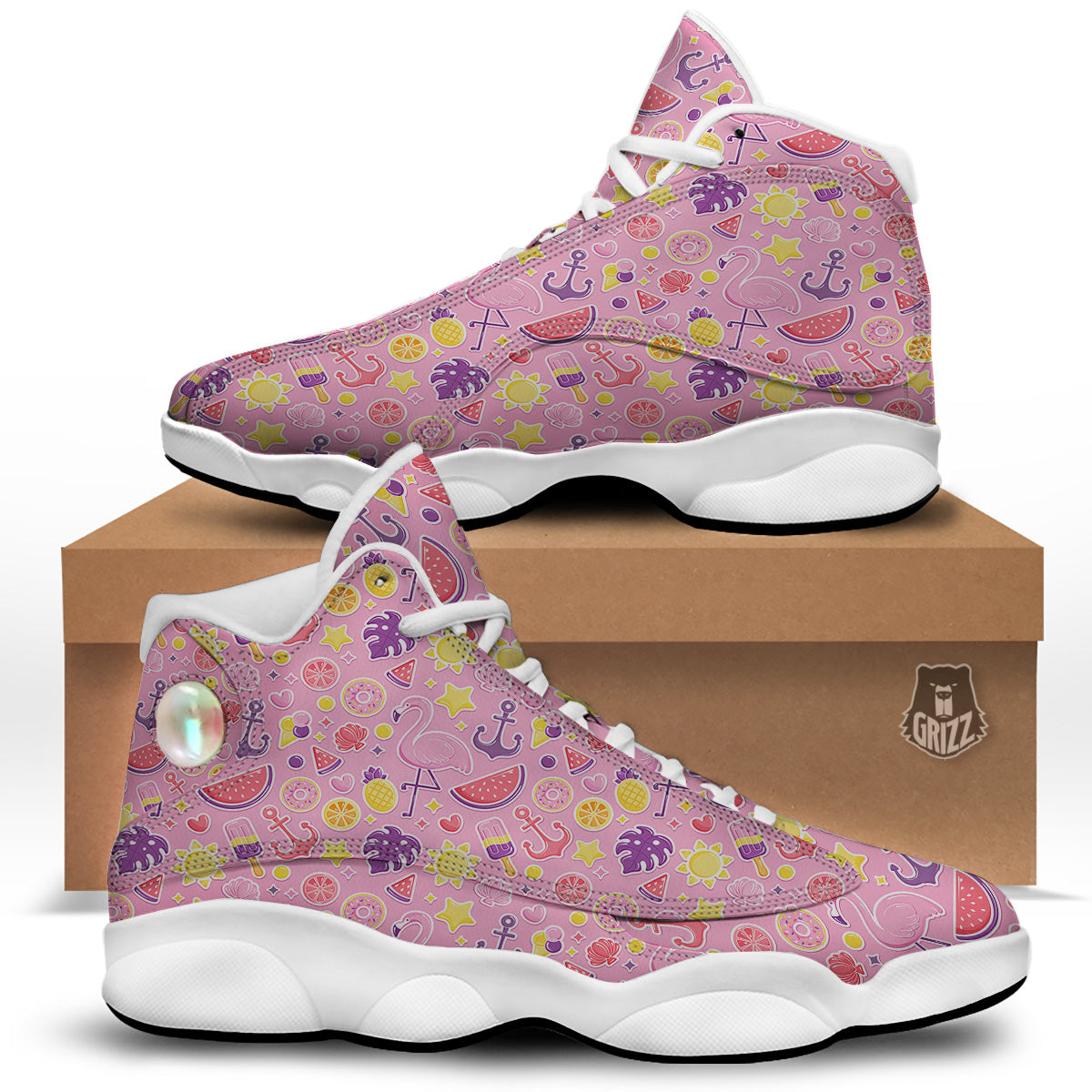 Pink Flamingo Summer Beach Print Pattern White Basketball Shoes-grizzshop