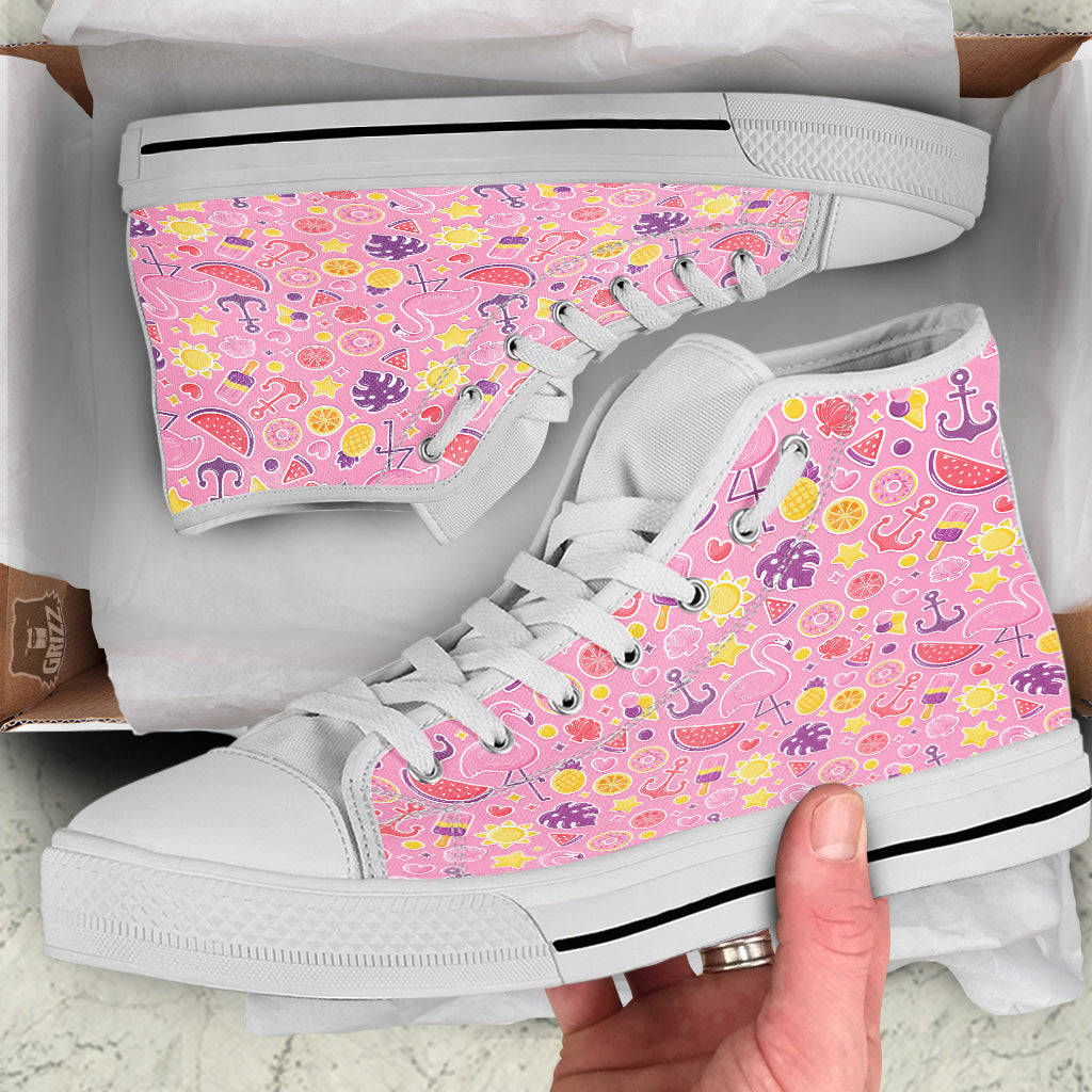 Pink Flamingo Summer Beach Print Pattern White High Top Shoes-grizzshop