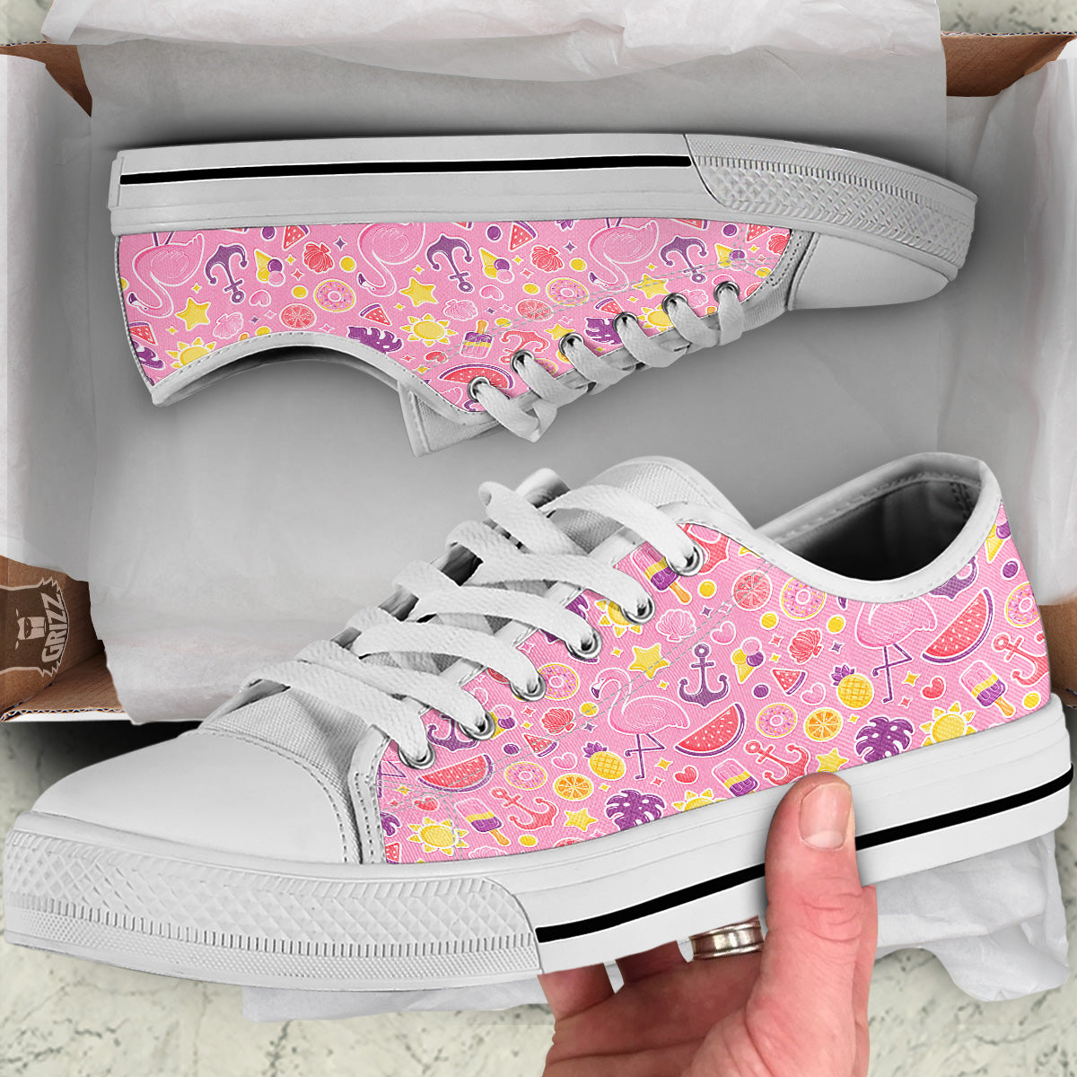 Pink Flamingo Summer Beach Print Pattern White Low Top Shoes-grizzshop