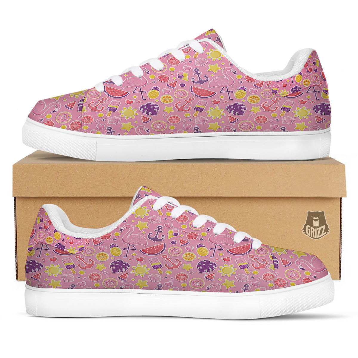 Pink Flamingo Summer Beach Print Pattern White Low Top Sneakers-grizzshop
