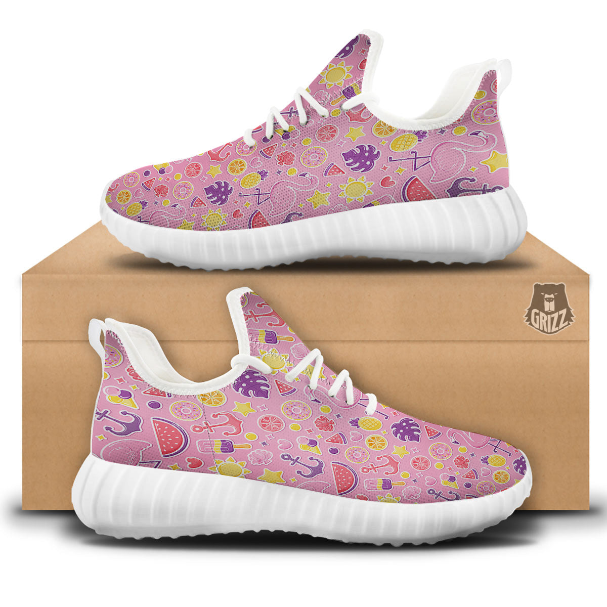 Pink Flamingo Summer Beach Print Pattern White Walking Shoes-grizzshop