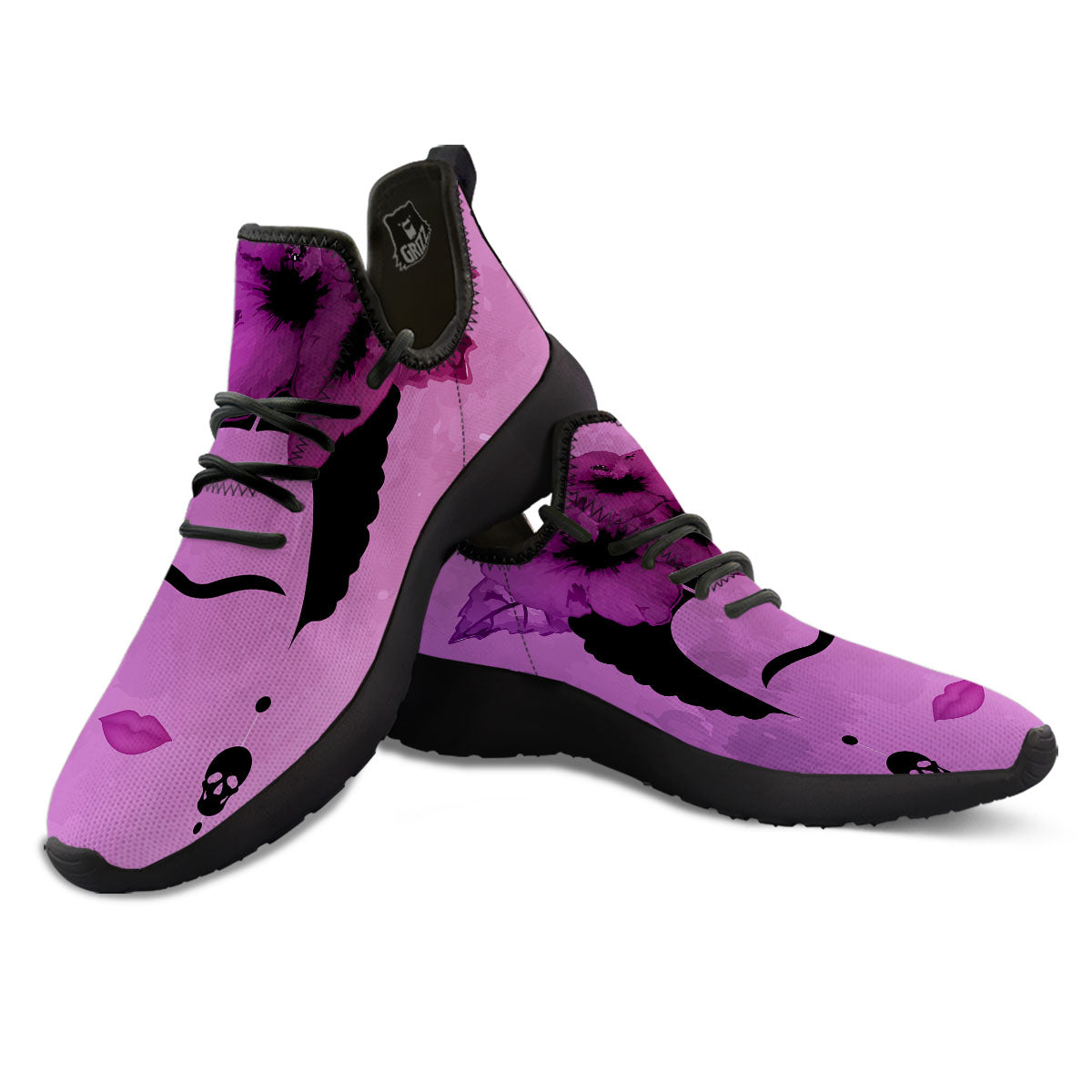 Pink Floral And Frida Kahlo Print Black Athletic Shoes-grizzshop