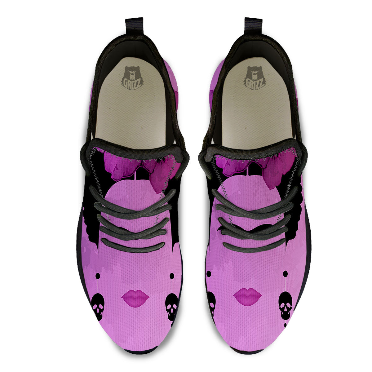 Pink Floral And Frida Kahlo Print Black Athletic Shoes-grizzshop
