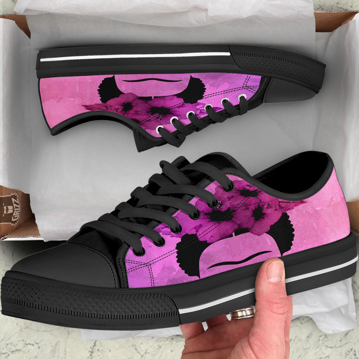 Pink Floral And Frida Kahlo Print Black Low Top Shoes-grizzshop